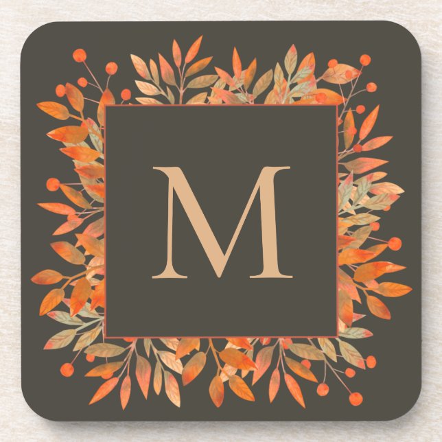 Porta-copo Berries vermelhos e queda deixam monograma castanh (Frente)