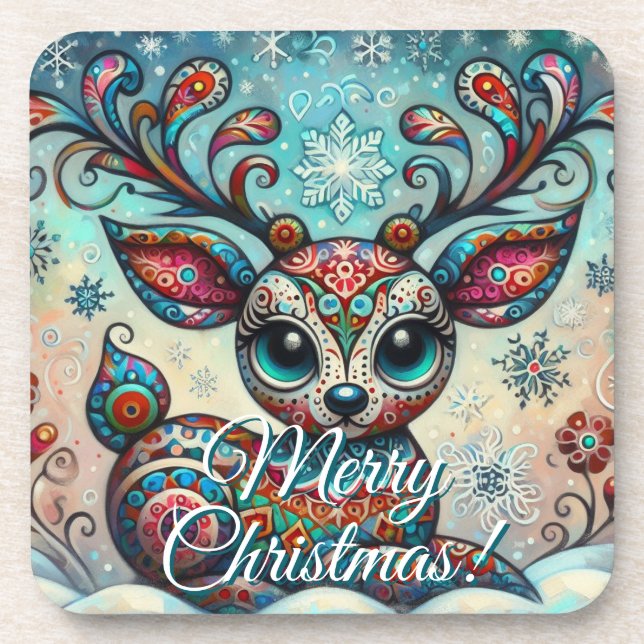 Porta-copo Big Eye Christmas Reindeer Folk Art Personalized (Frente)
