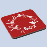 Porta-copo Bird Wreath Moderna Escandinávia<br><div class="desc">Bonito terra festiva de pássaros escandinavos e rosas. Branco sobre fundo vermelho.</div>