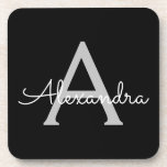Porta-copo Black Silver Modern Script Girly Monographic Name<br><div class="desc">Portas copos de papel de nome de monograma de script simples preto e prateado. Isso faz a formatura perfeita,  aniversário,  casamento,  chá de panela,  aniversário,  chá de fraldas ou presente de festa de solteira para alguém que ama luxo de vidro e estilos quíticos.</div>