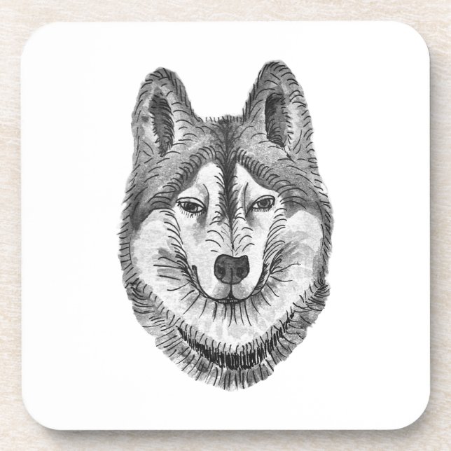 Porta-copo Black & White Ink & Watercolor Siberian Husky (Frente)