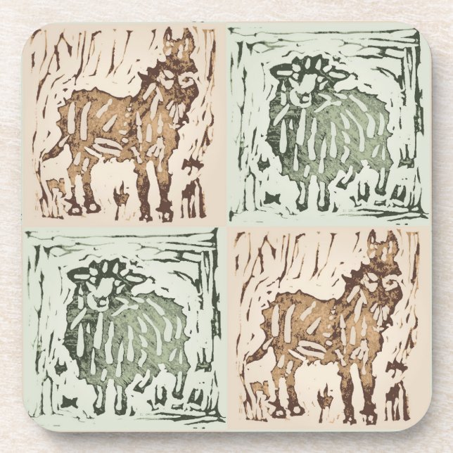 Porta-copo Block Print Sheep Donkey Quilt - farm animals. (Frente)