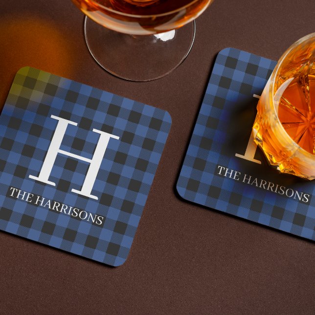 Porta-copo Blue Black Buffalo Plaid Monogram Holiday (Criador carregado)