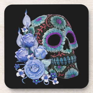 Porta-copo Blue Floral Black Sugar Skull Day Of The Dead