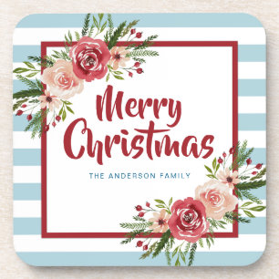 Porta-copo Blue Stripes Watercolor Flores Natal