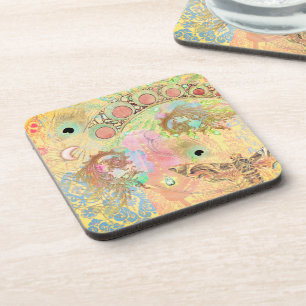 Porta-copo Boêmio vintage damasco pena hippie chique pastel