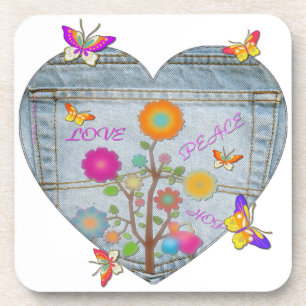 Porta-copo Bolsos de Jeans Coração Flores Borboletas