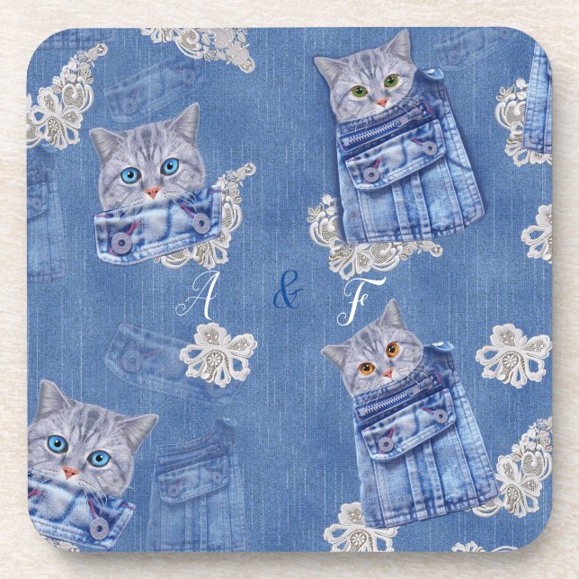 Porta-copo Bolsos de jeans de ganga,Gatos e Renda (Frente)