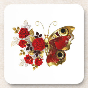 Porta-copo Borboleta de flor vermelha com rosas vermelhas