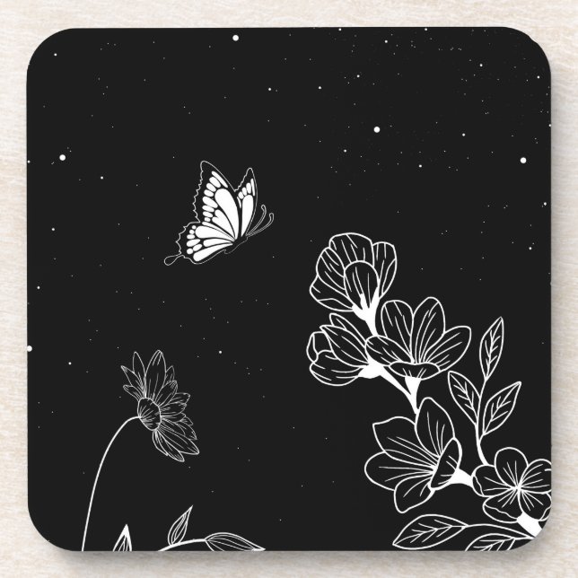Porta-copo Borboleta Preta e Branca e Flores à Noite Arte (Frente)