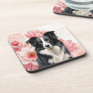 Porta-copo Border Collie Dog and Bold Pink Lilies
