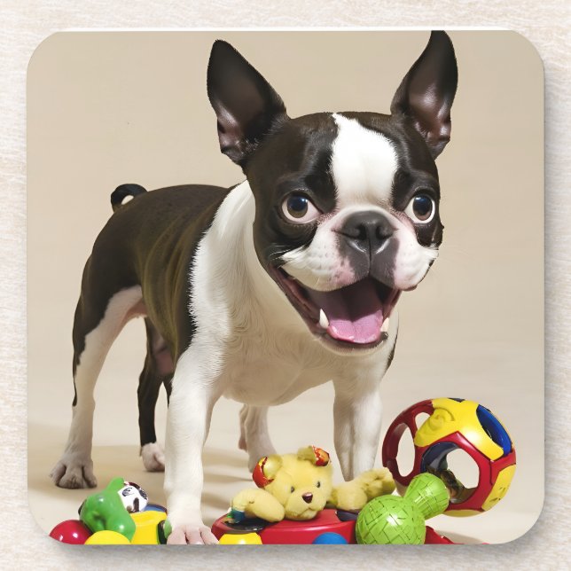 Porta-copo Boston Terrier Dog Brincando com Brinquedos (Frente)