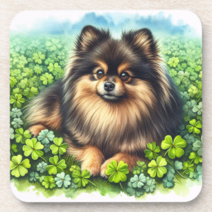 Porta-copo Brindle Pomeranian Watercolor Clover Shamrock