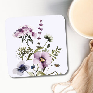 Porta-copo Buquê de Flores Silvestres Roxas Aquarela Floral