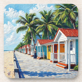 Porta-copo Cabines de Praia Coloridas e Tropicais Vibrantes