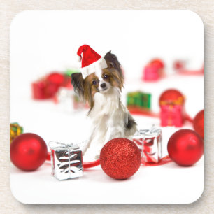 Porta-copo Cachorro Papillon Fofo Chapéu de Natal do Papai No