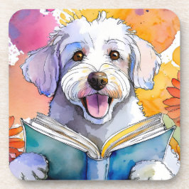 Porta-copo Cachorro Schnoodle Sóbrio Lendo Grande Livro de Re
