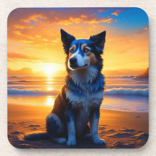 Porta-copo Cachorro sentado na Ocean Beach ao pôr do sol