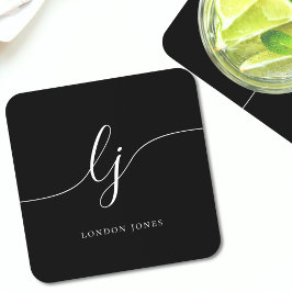 Porta-copo Caligrafia Elegante Simples Monograma Preto