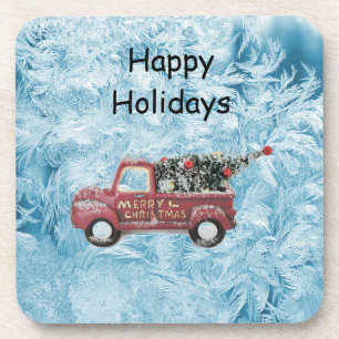 Porta-copo caminhão vintage vermelho em um fundo de floco de 