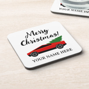 Porta-copo Caminhonete Tesla carregando uma árvore de Natal