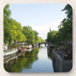 Porta-copo Canal de Amsterdã com Barcos-Casa e Árvores Exuber