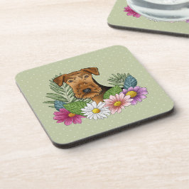 Porta-copo Cão Airedale Terrier Com Flores Coloridas Verdes