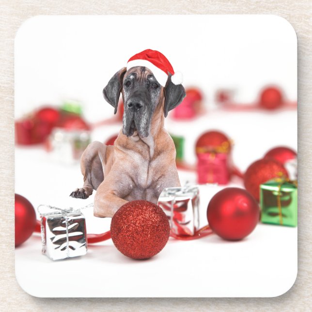 Porta-copo Cão Dogue Alemão com Enfeites de Natal Presentes (Frente)