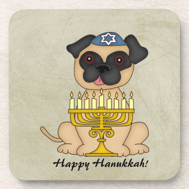 Porta-copo Cão Hanukkah-Bonito feliz do Pug com Menorah (Frente)