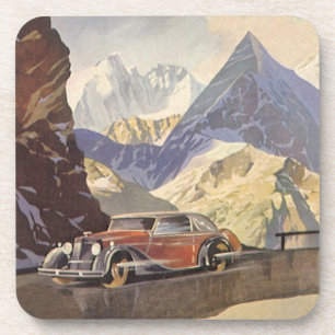 Porta-copo Carro vintage na Mountain Road no inverno com neve