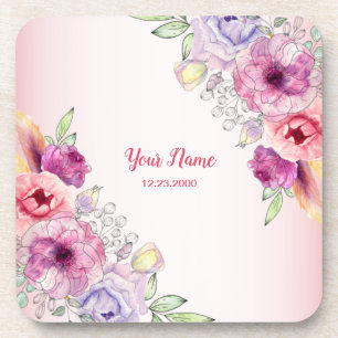 Porta-copo Casamento com Aquarela Dourada Floral Pêssego Colo
