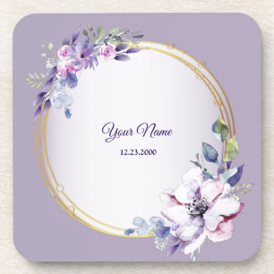 Porta-copo Casamento Dourado Floral Rosa Roxo Aquarela