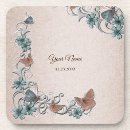 Porta-copo Casamento Floral Prata Verde-Cobre Borboleta Bege