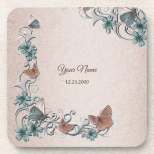 Porta-copo Casamento Floral Prata Verde-Cobre Borboleta Bege