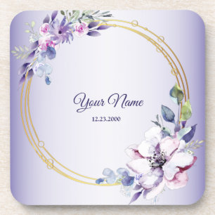 Porta-copo Casamento Geométrico Floral Dourado Roxo Aquarela