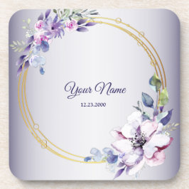 Porta-copo Casamento Geométrico Floral Dourado Roxo Aquarela