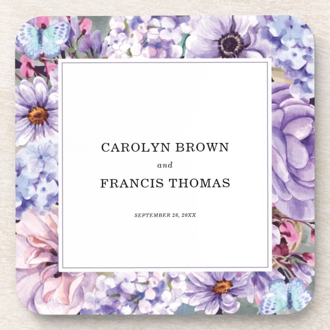 Porta-copo Casamento Personalizado por Aquarela Roxo Floral (Frente)