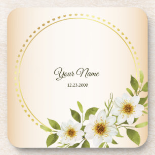Porta-copo Casamento Rústico Geométrico Dourado Floral Branco