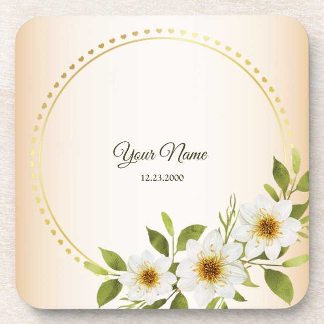 Porta-copo Casamento Rústico Geométrico Dourado Floral Branco (Frente)