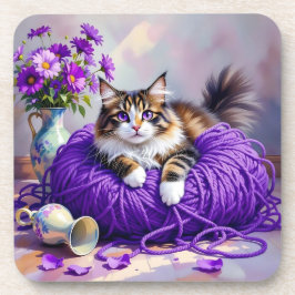 Porta-copo Cat  in Purple Yarn and Flowers  