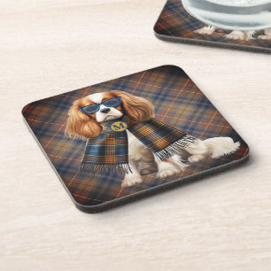 Porta-copo Cavalier King Charles Cachorro e Monograma Xadrez