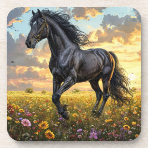 Porta-copo Cavalo Preto Majestoso Galopando Através de um F V