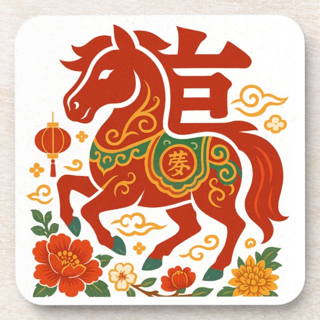 Porta-copo Cavalo sortudo Vermelho Chinês 2026 (Frente)