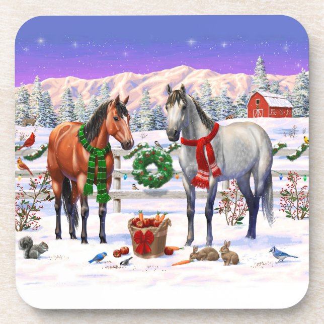 Porta-copo Cavalos de Natal na neve (Frente)