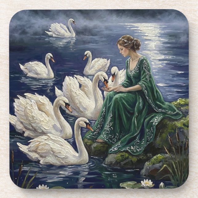 Porta-copo Celtic Swans Moonlit Lake Night Fantasy Art (Frente)
