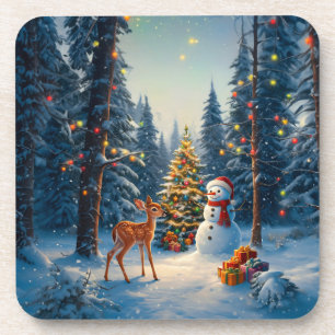Porta-copo Cena da Árvore de Natal Fofo Deer Fawn Snowman