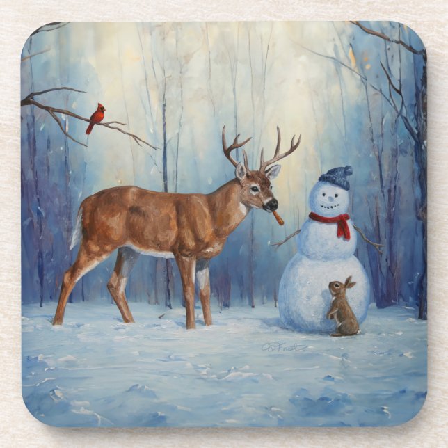Porta-copo Cena de Férias de Inverno Deer e Happy Snowman (Frente)