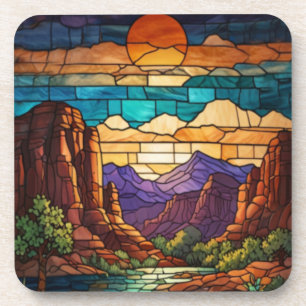 Porta-copo Cena do deserto retrô arte em vitral das montanhas