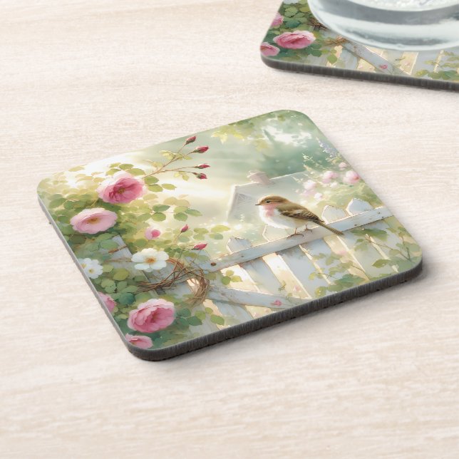 Porta-copo Cena em aquarela de rosa de jardim e pássaro (Left Side)