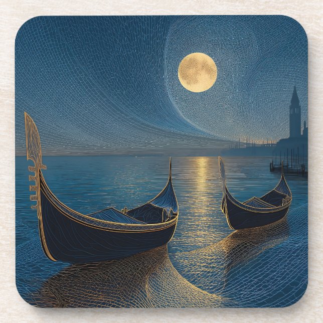Porta-copo Cena Noturna de Gôndolas Venezianas sob Lua Cheia (Frente)
